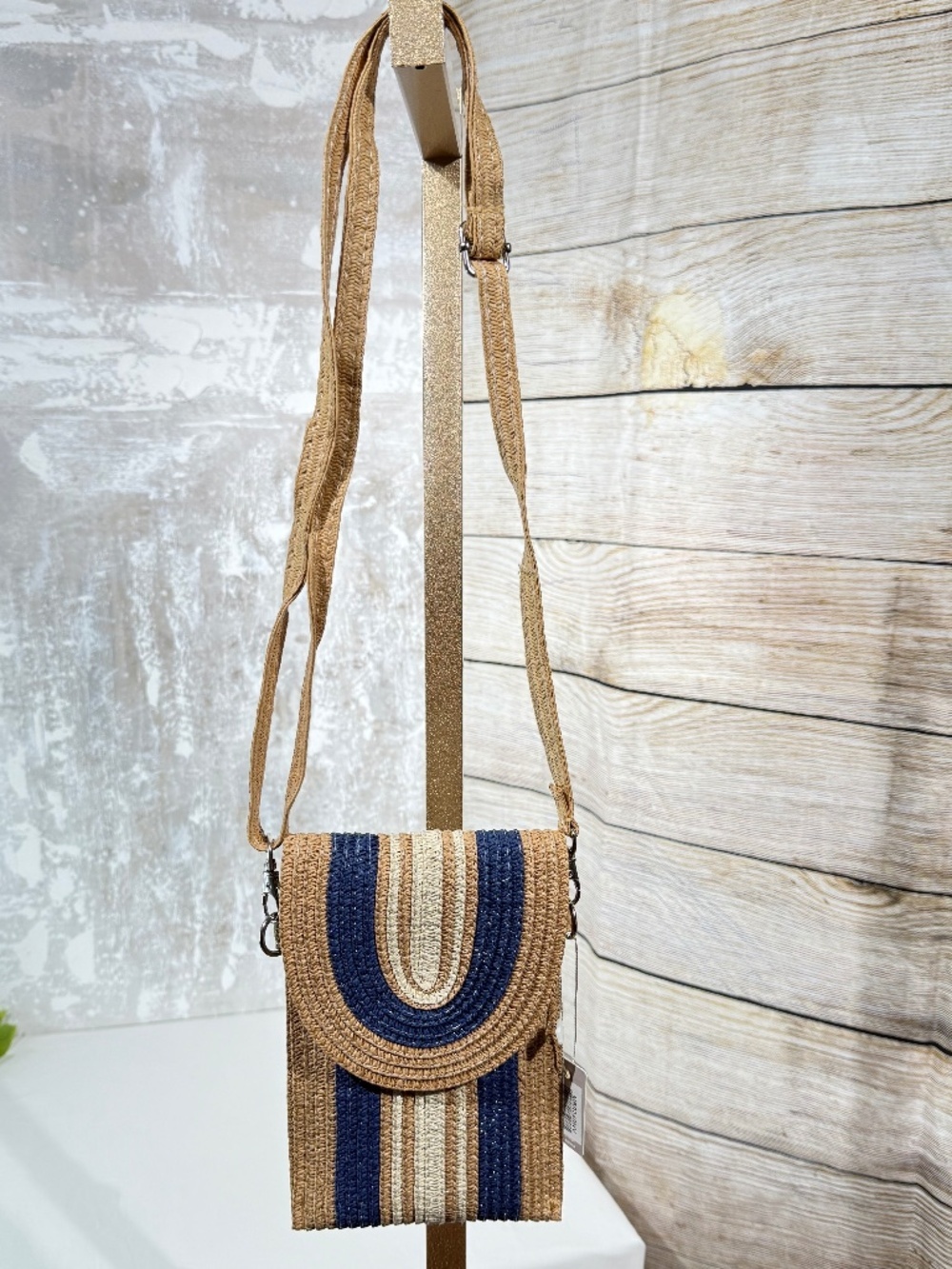 Styline Straw Crossbody Phone Bag NWT Natural Blue Stripe Woven Purse